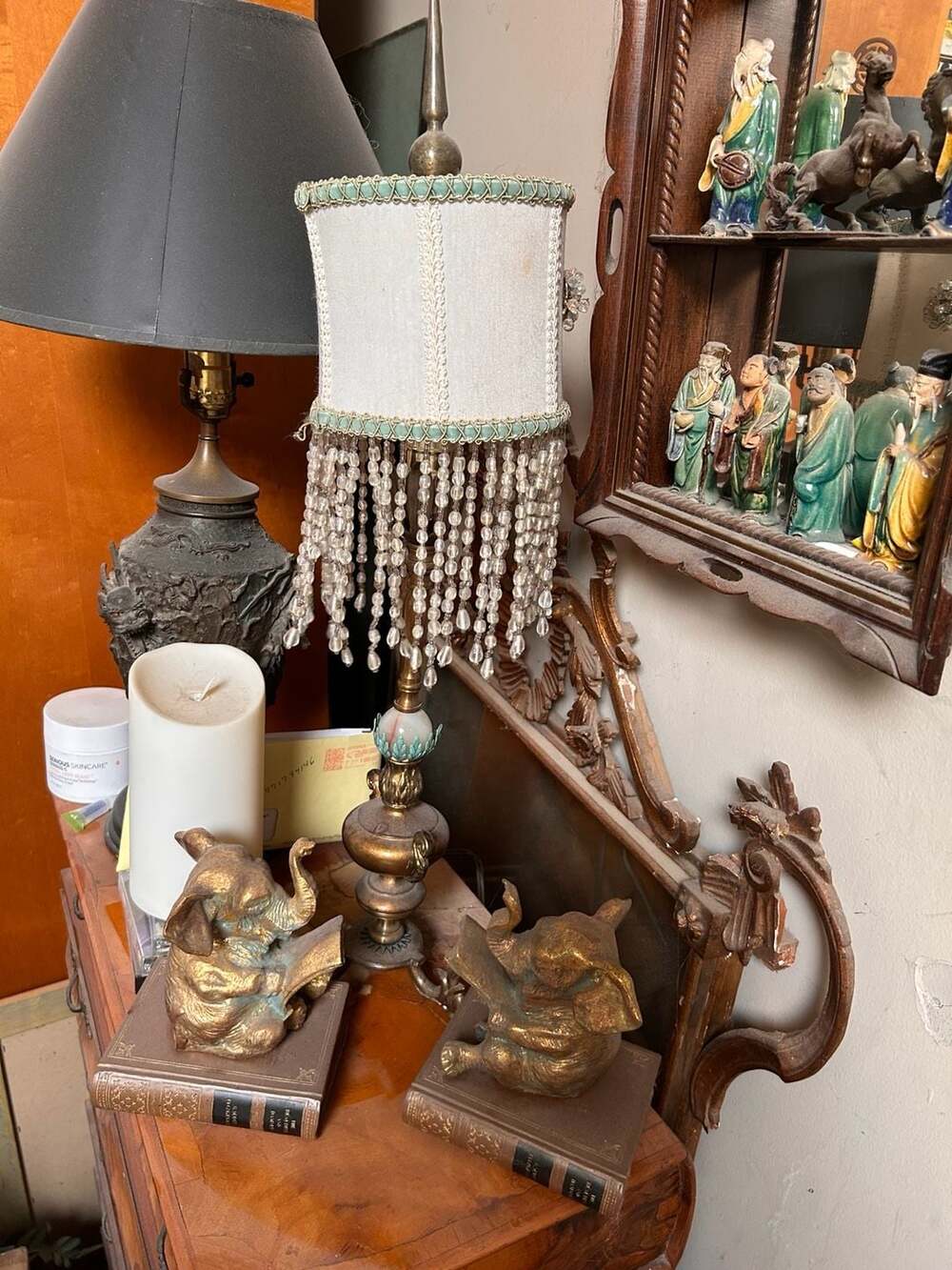 Vintage Brass Table Lamp with Ornate Base and Beaded Fringe Lampshade